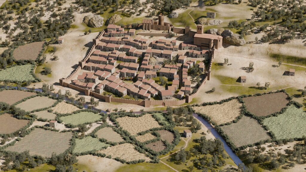 Recreació virtual hipotètica en 3D de la vil·la medieval de Guimerà a principis del s.XV per al projecte CoVHer.