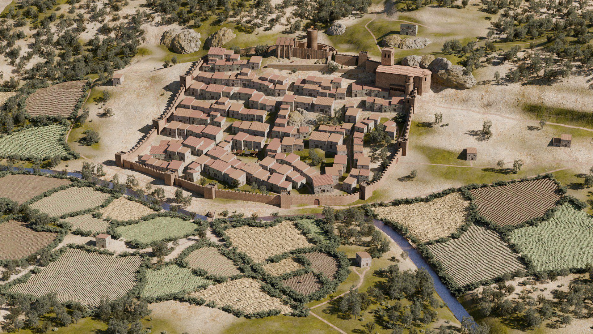 Recreació virtual hipotètica en 3D de la vil·la medieval de Guimerà a principis del s.XV per al projecte CoVHer.